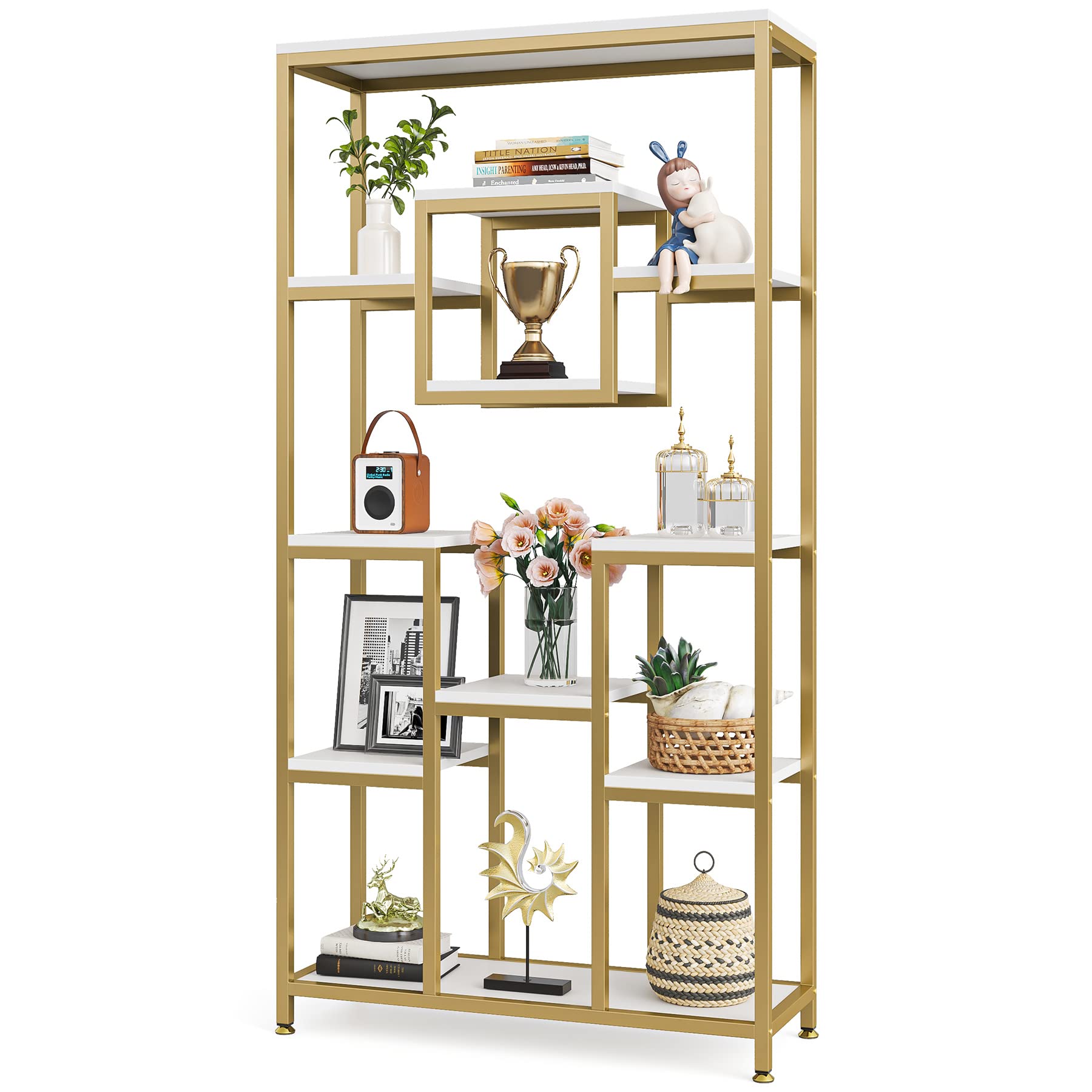 71" Gold Etagere Bookshelf, Modern 11-Tier Tall Open Display Bookcase Bookshelves, Free