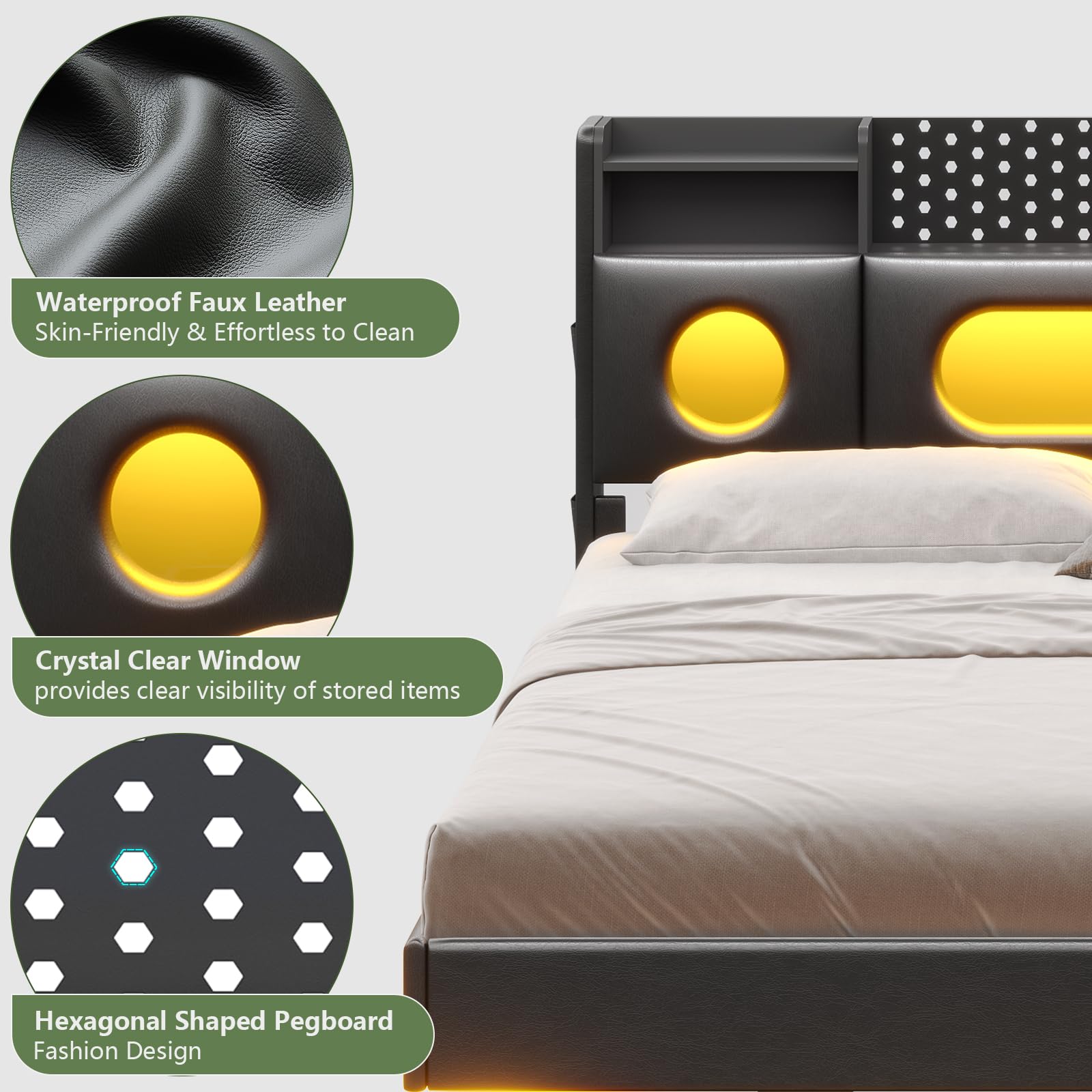 Floating Queen Bed Frame with LED Lights & Charging Station