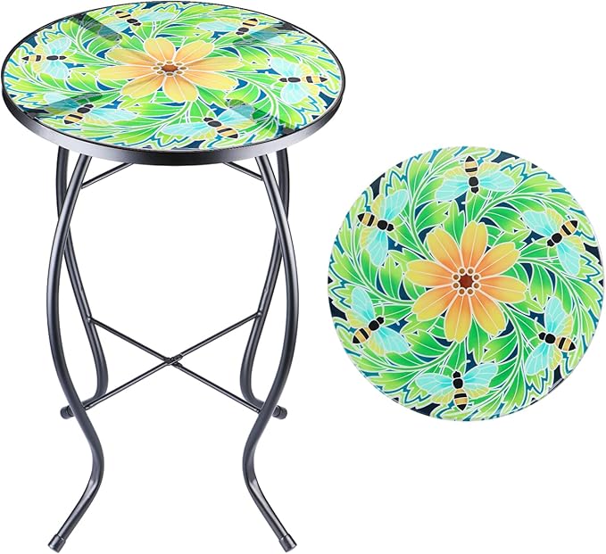 Sunflower Outdoor Side Table, Mosaic Design, Small Glass Top, Round, Patio Side Table