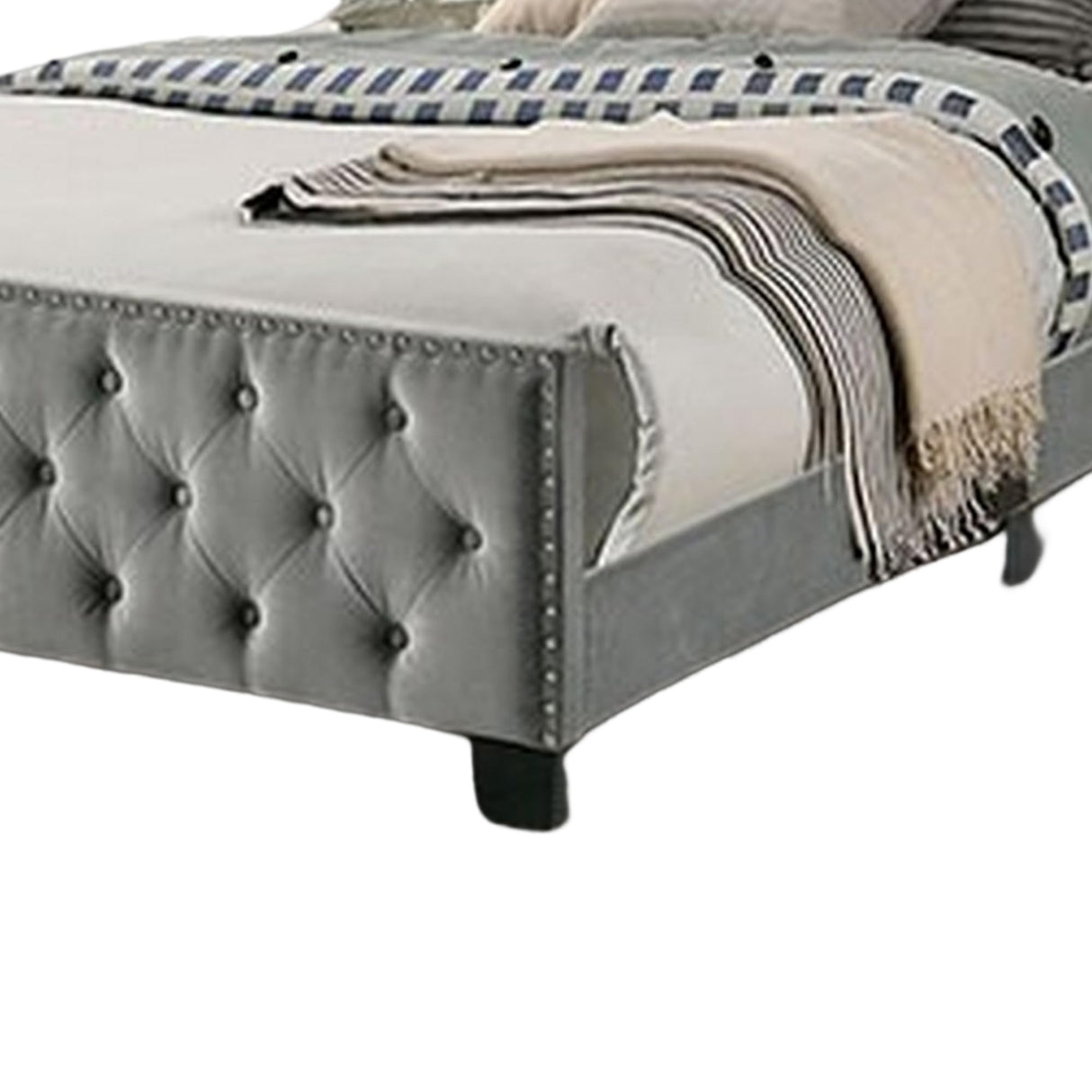 Agapi California King Bed, Button Tufted, Nailhead Trim, Gray Upholstery