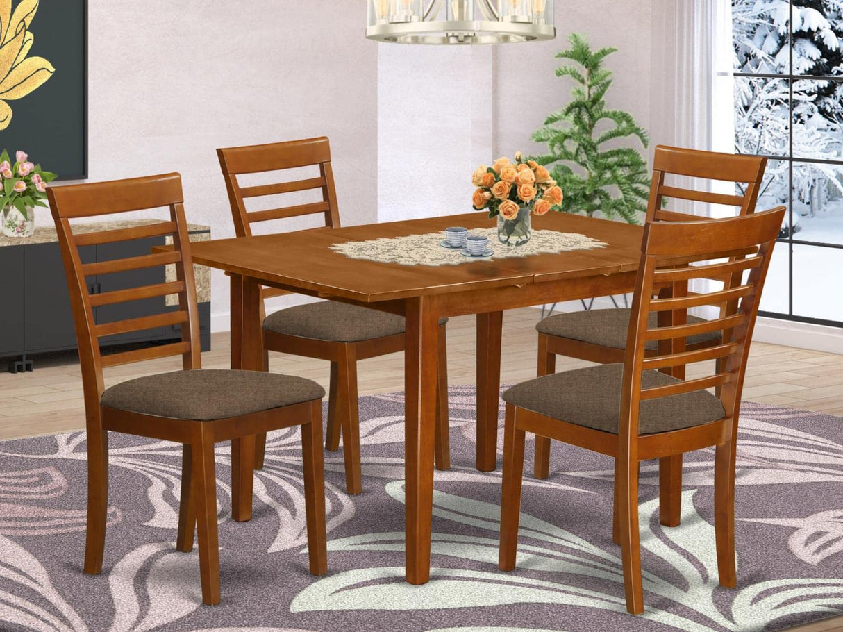 East West Furniture MILA5-SBR-C Milan 5 Piece Set Includes a Rectangle Dining Room Table with Butterfly Leaf and 4 Linen Fabric Upholstered Kitchen Chairs, 36x54 Inch