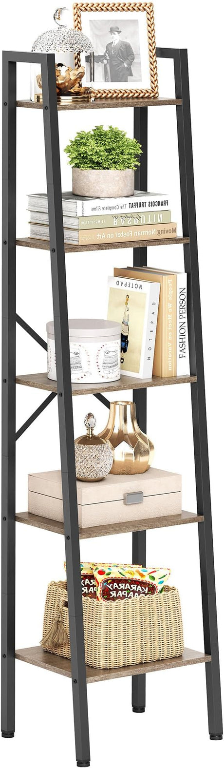 Industrial Ladder Bookshelf, Multifunctional Ladder Shelf, 5-Tier Tall Bookshelf