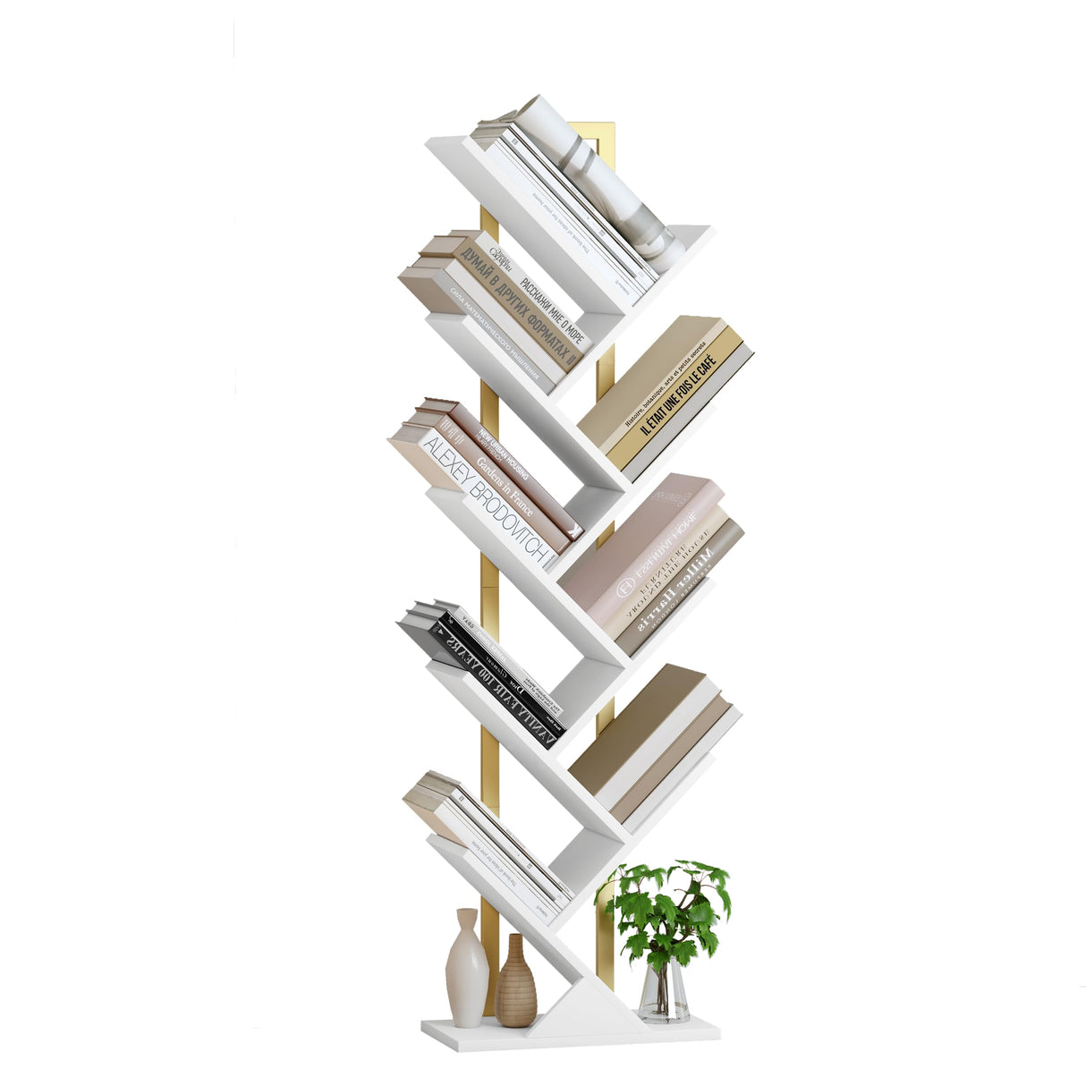 Tree Bookshelf, Geometric Bookcase with Steel Pipe for Living Room Bedroom