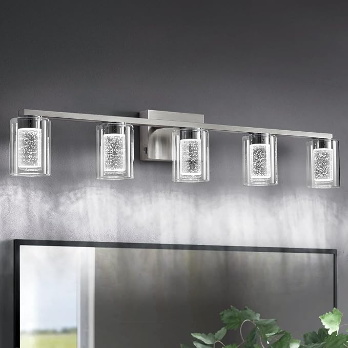 Brushed Nickel 6-Light Vanity Fixtures, Crystal Bubble Glass LED Sconces - Dimmable 3-Color (White/Neutral/Warm) for Bathroom, Hallway, Living Room