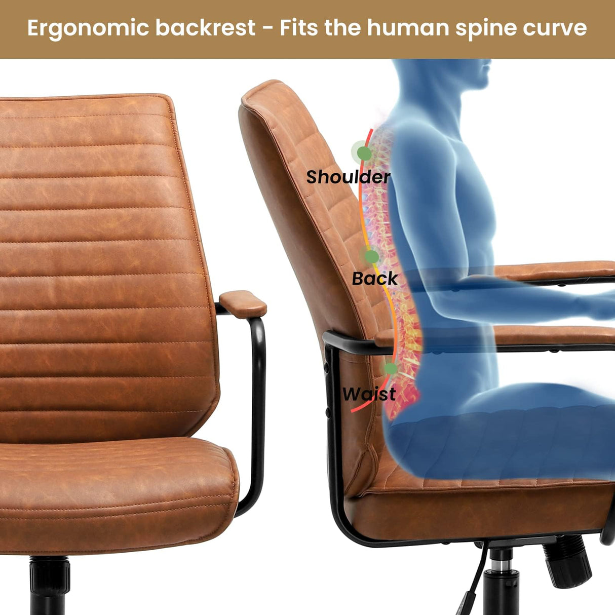 Brown Leather Executive Office Chair - Adjustable Mid-Back Swivel Desk Chair