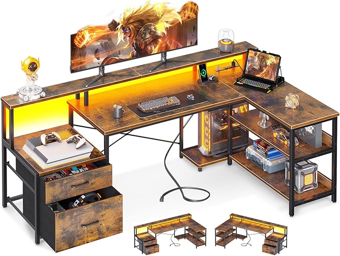 L Shaped Standing Desk with LED Light and Power Outlet, Dual Motor Height Adjustable