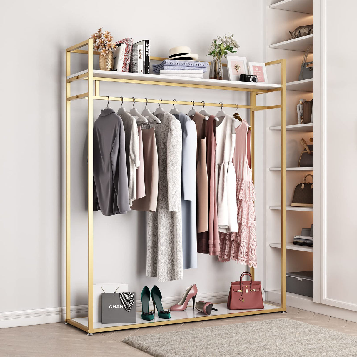 Heavy Duty Clothing Rack with Shelves for Hanging Clothing, Gold Metal