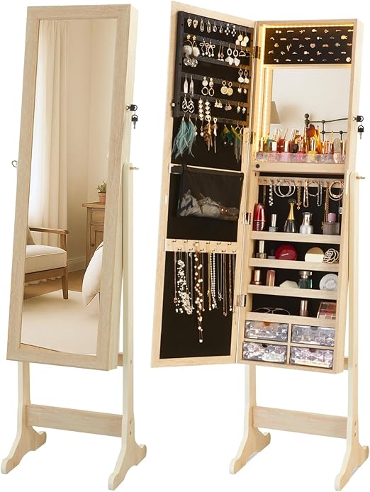 LED Full Length Mirror Jewelry Cabinet with Storage - 60 Inch Standing Armoire