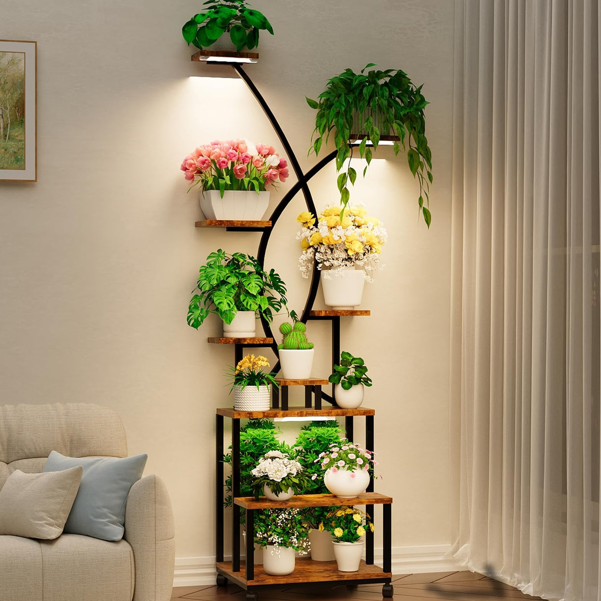 9 Tiered Tall Metal Plant Stand Indoor with Grow Lights, Large Holder Display Shelf
