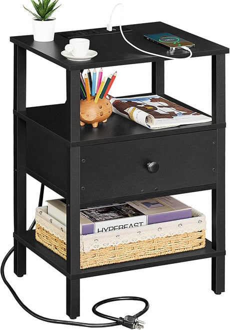 Nightstand with Charging Station and USB Ports, 3-Tier Storage End Table with Drawer Shelf