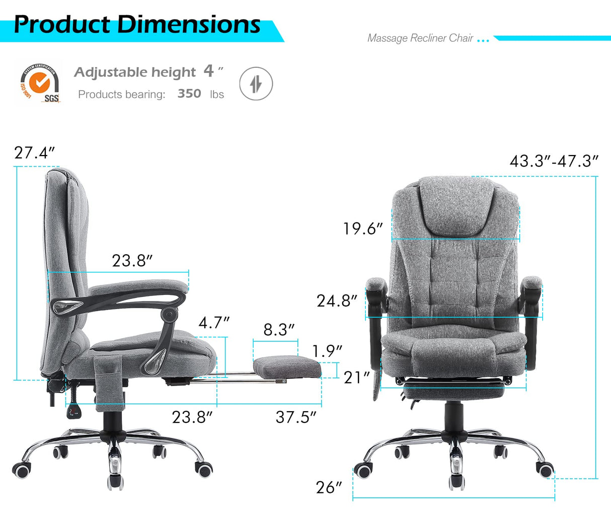 Heated Executive Office Chair with Massage&Footrest，Adjustable Height Home Office