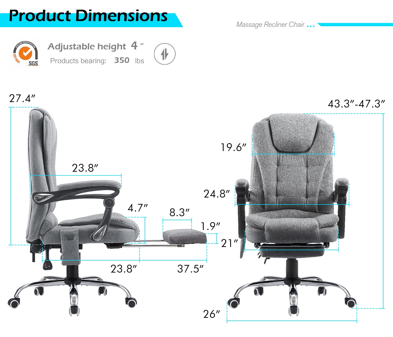 Heated Executive Office Chair with Massage&Footrest，Adjustable Height Home Office