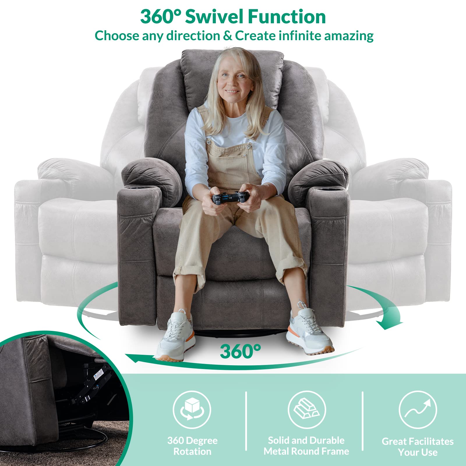 ZenLuxe Swivel Glider Recliner – Massage, Heat, USB, Cup Holders