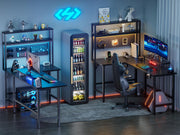 L Shaped Gaming Desk with LED Light & Power Outlet- 59 Inch Reversible Computer Desk with Shelves and Monitor Stand, Ergonomic Carbon Fiber Corner Desk with Cup Holder & 2 Heaphone Hooks