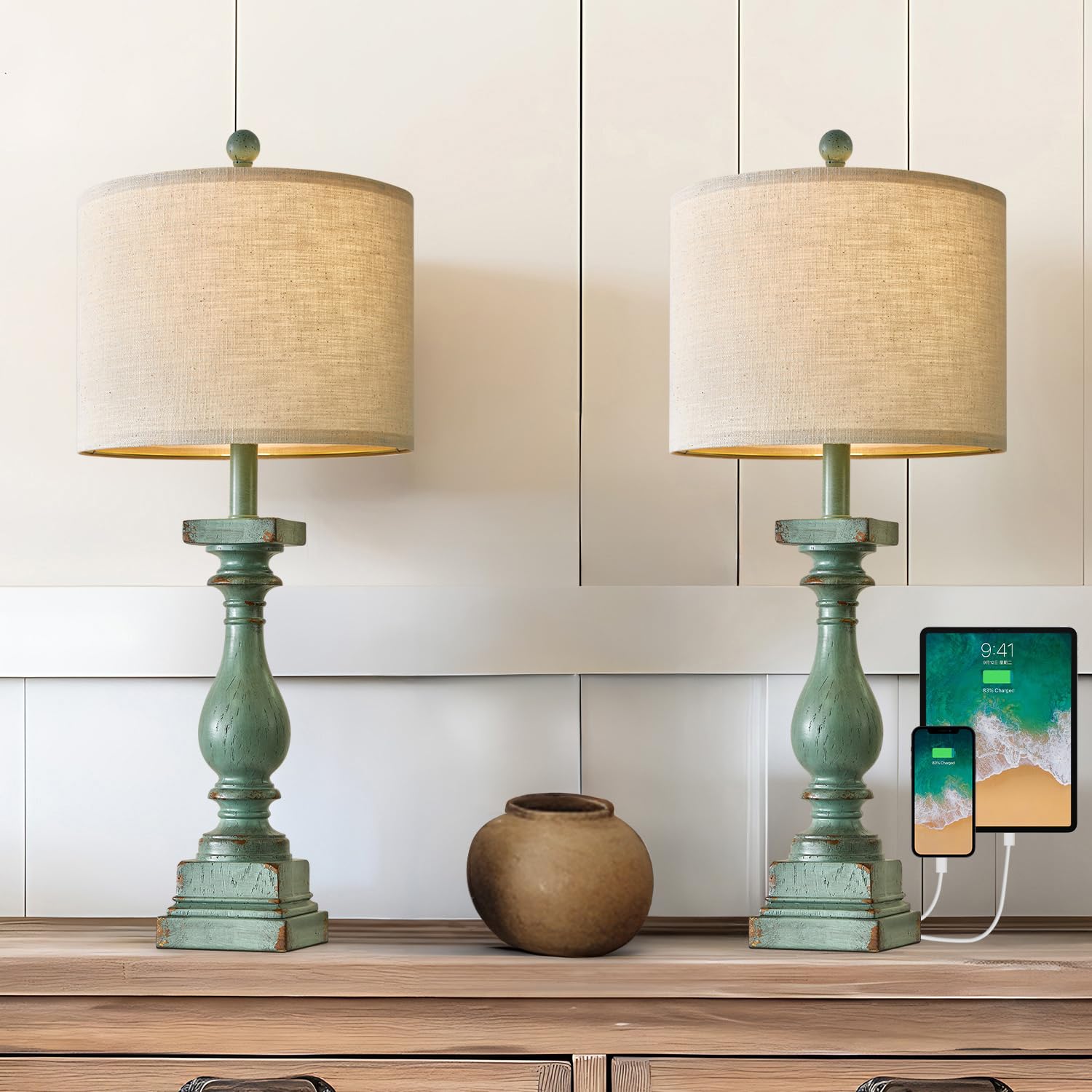 27" Farmhouse Table Lamp Set of 2 with USB A+C for Bedroom Living Room Vintage Rustic