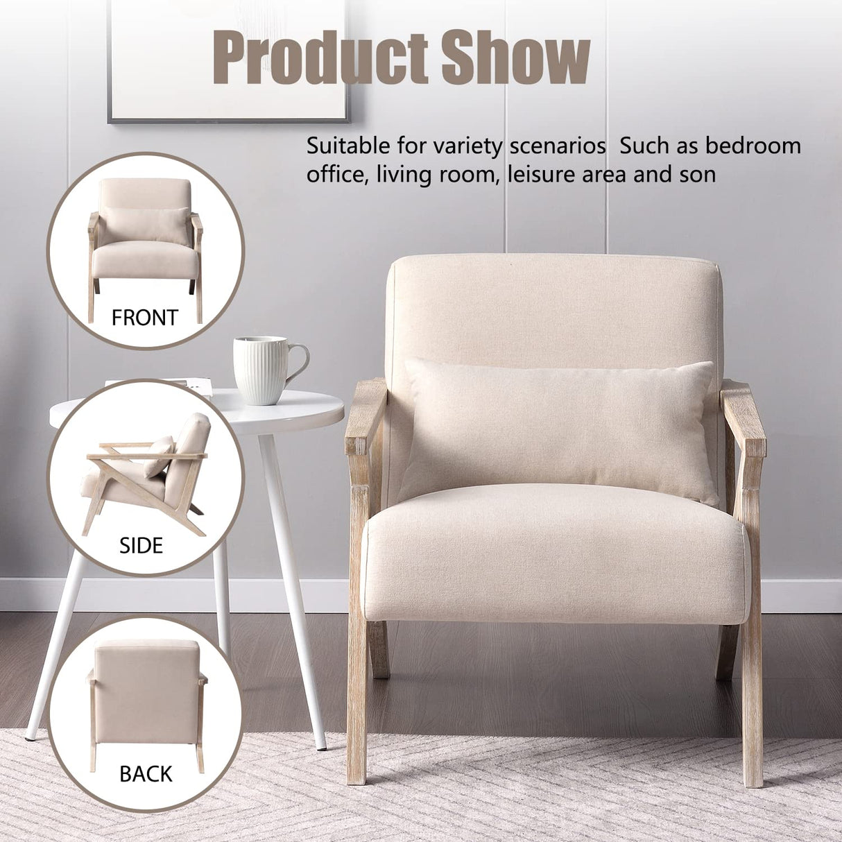 Modern Chair with Wood Frame, Upholstered Armchair with Waist Cushion, Accent Chair for Living Room Bedroom Apartment, Easy Assembly, Beige