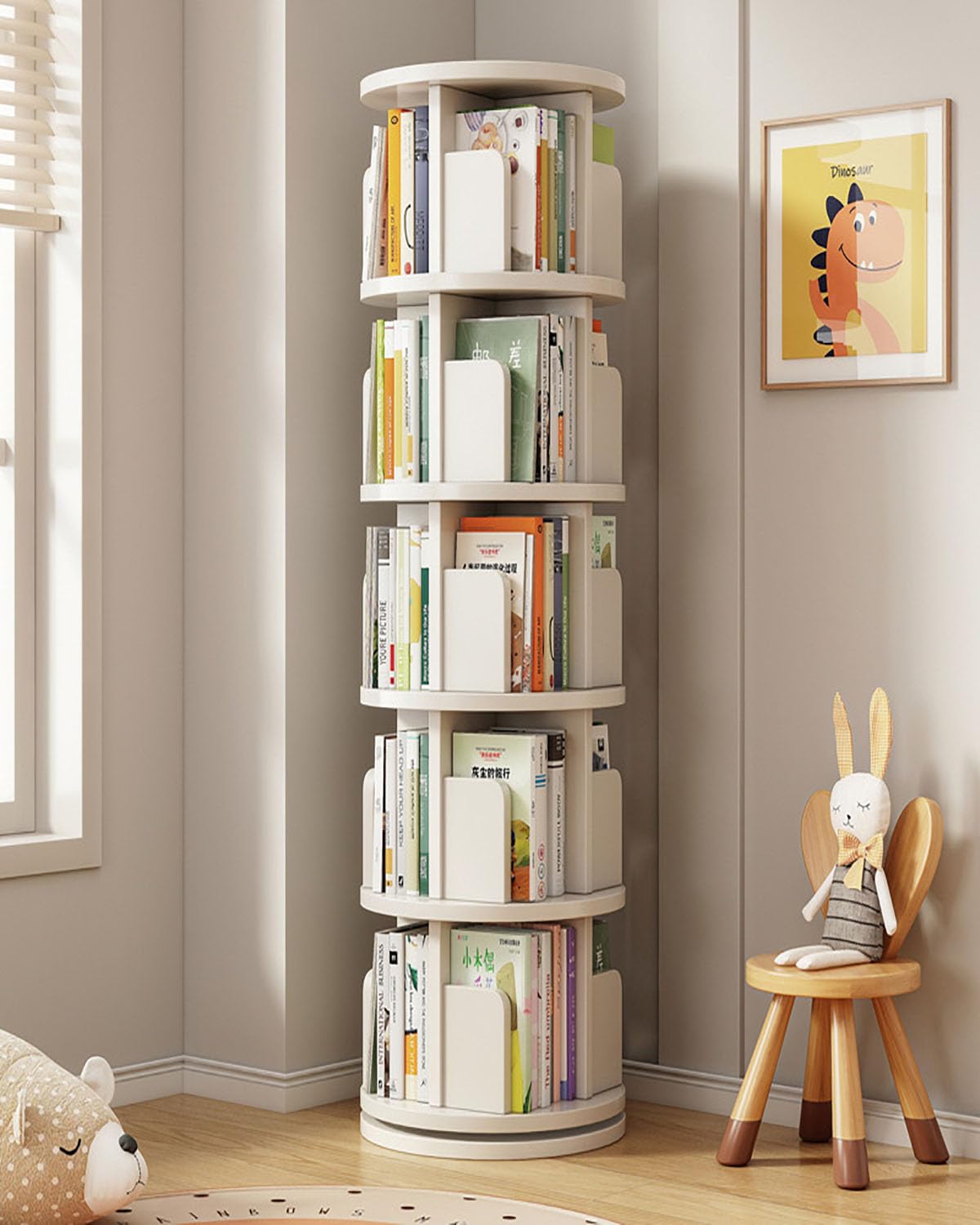 JSWHYBD 2/3/4/5 Tiers 360° Rotating Bookshelf Revolving Swivel Tall Bookcase Student Storage Picture Book Rack Floor-Standing Narrow Corner Display Shelf Book Organizer for Bedroom Living Room Office