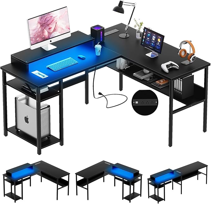 L Shaped Computer Desk with Magic Power Outlets and Smart LED Light