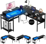 L Shaped Computer Desk with Magic Power Outlets and Smart LED Light