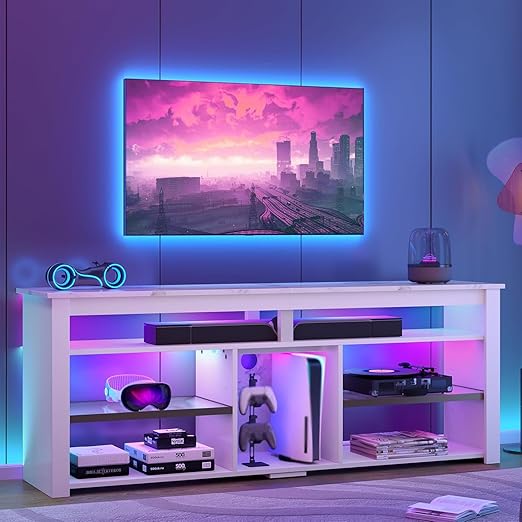 70 Inch TV Stand with LED Lights - Modern Entertainment Center with Storage