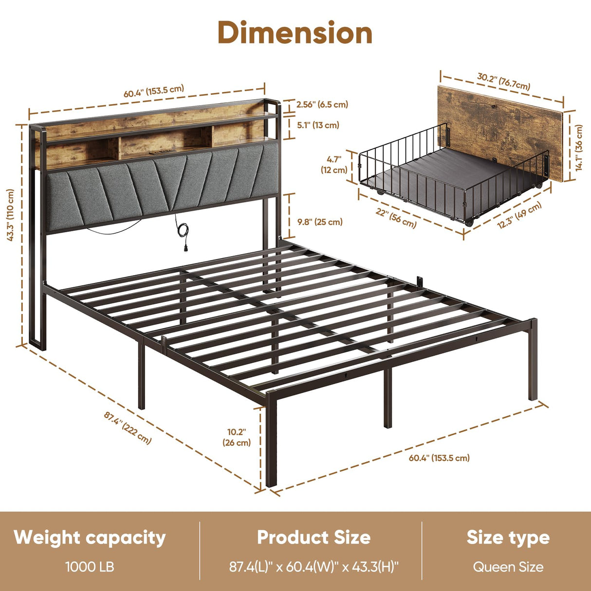 Queen Bed Frames, Metal Bed Frames with Charging Station, LED Lights Bed Frames