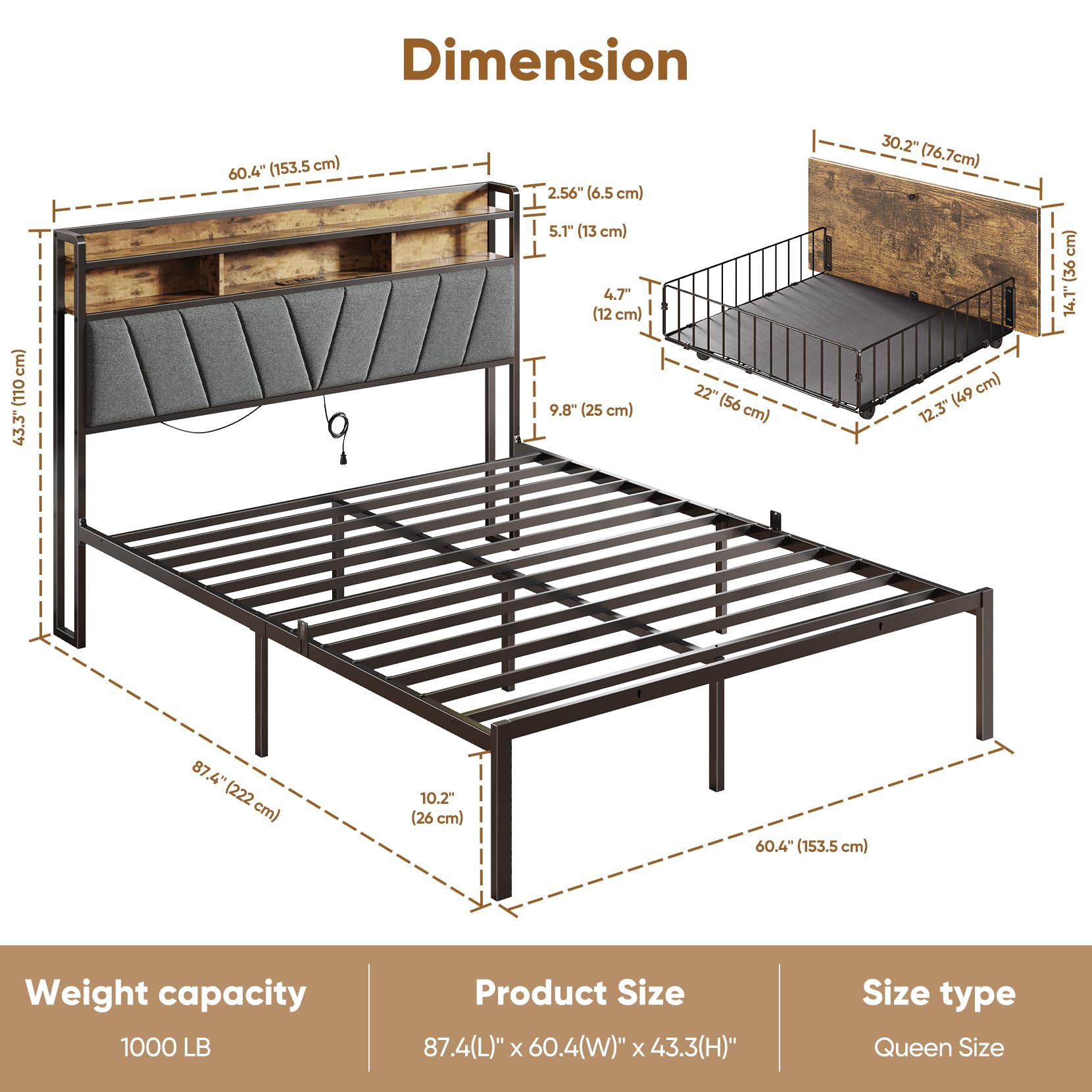 Queen Bed Frames, Metal Bed Frames with Charging Station, LED Lights Bed Frames