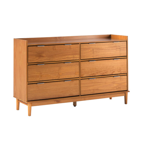 Polay Modern Solid Wood 6-Drawer Dresser with Gallery-Top 55 Inch Caramel