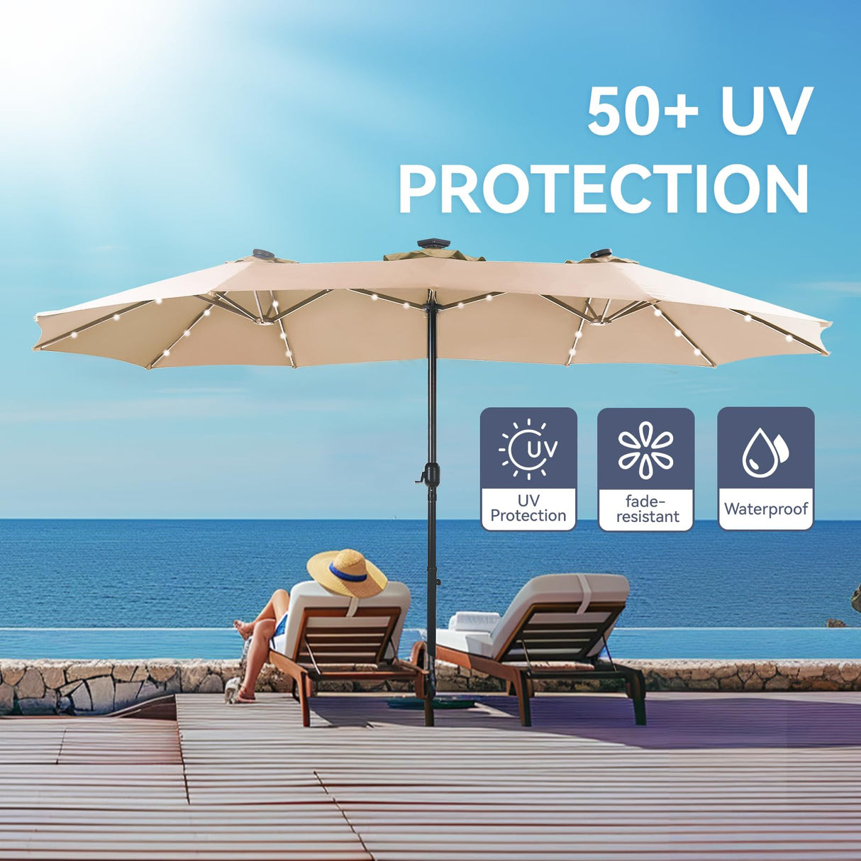 13 ft Large Patio Umbrella with Solar Lights, Double-Sided Outdoor Table Umbrella with Crank,