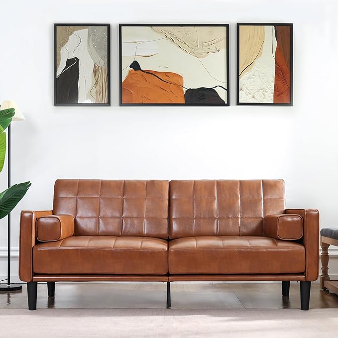 70” Mid-Century Modern Couch, Breathable Faux Leather Couch with Upholstered