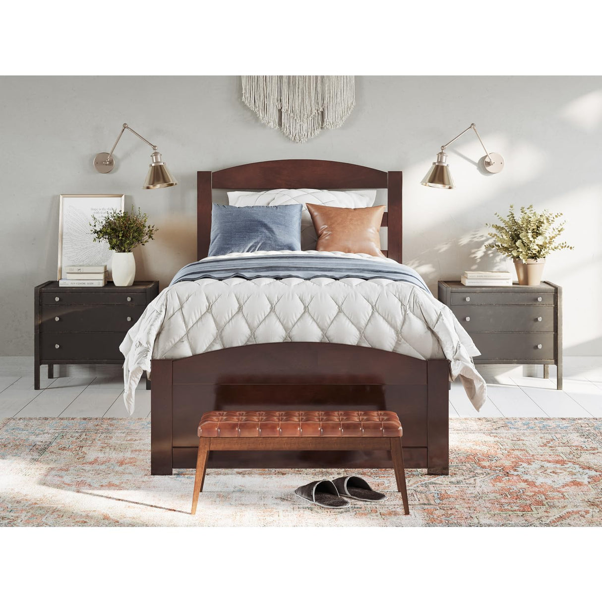 Solid Wood Twin XL Bed with Footboard and USB Charger in Walnut