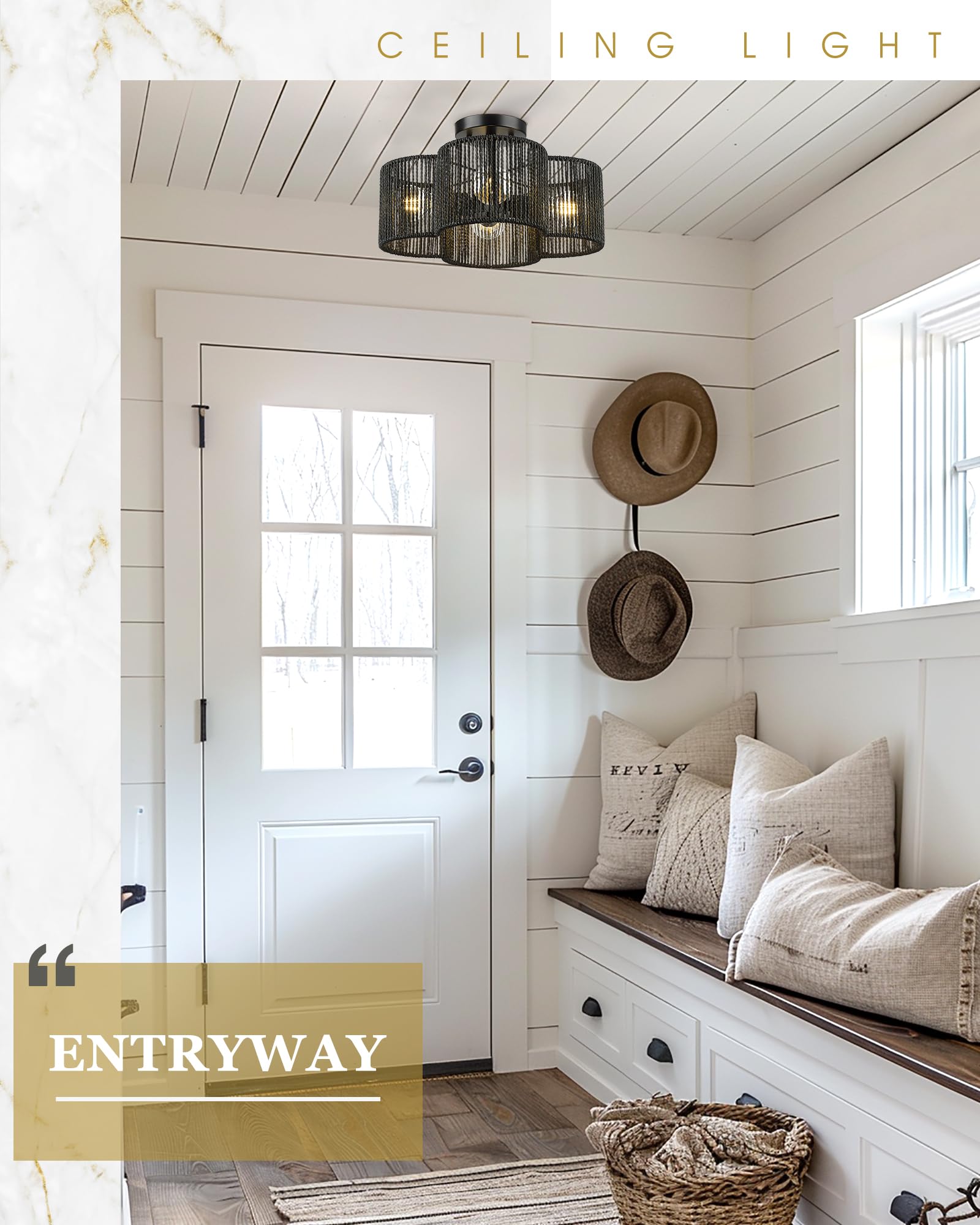 Rattan Light Fixtures Ceiling Mount, 4-Light 14" Boho Semi Flush