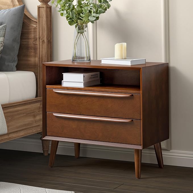 Nightstand with Charging Station, Mid-Century Modern 2 Drawer and Open Shelf Dresser