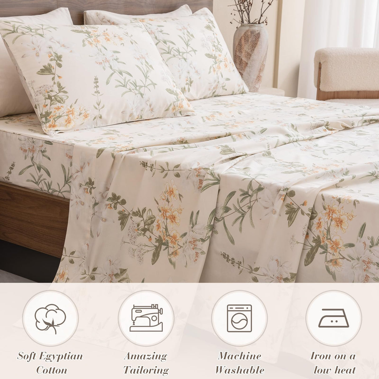 Floral Bedding Sheets King Size 100% Egyptian Cotton Sheet Graceful Green