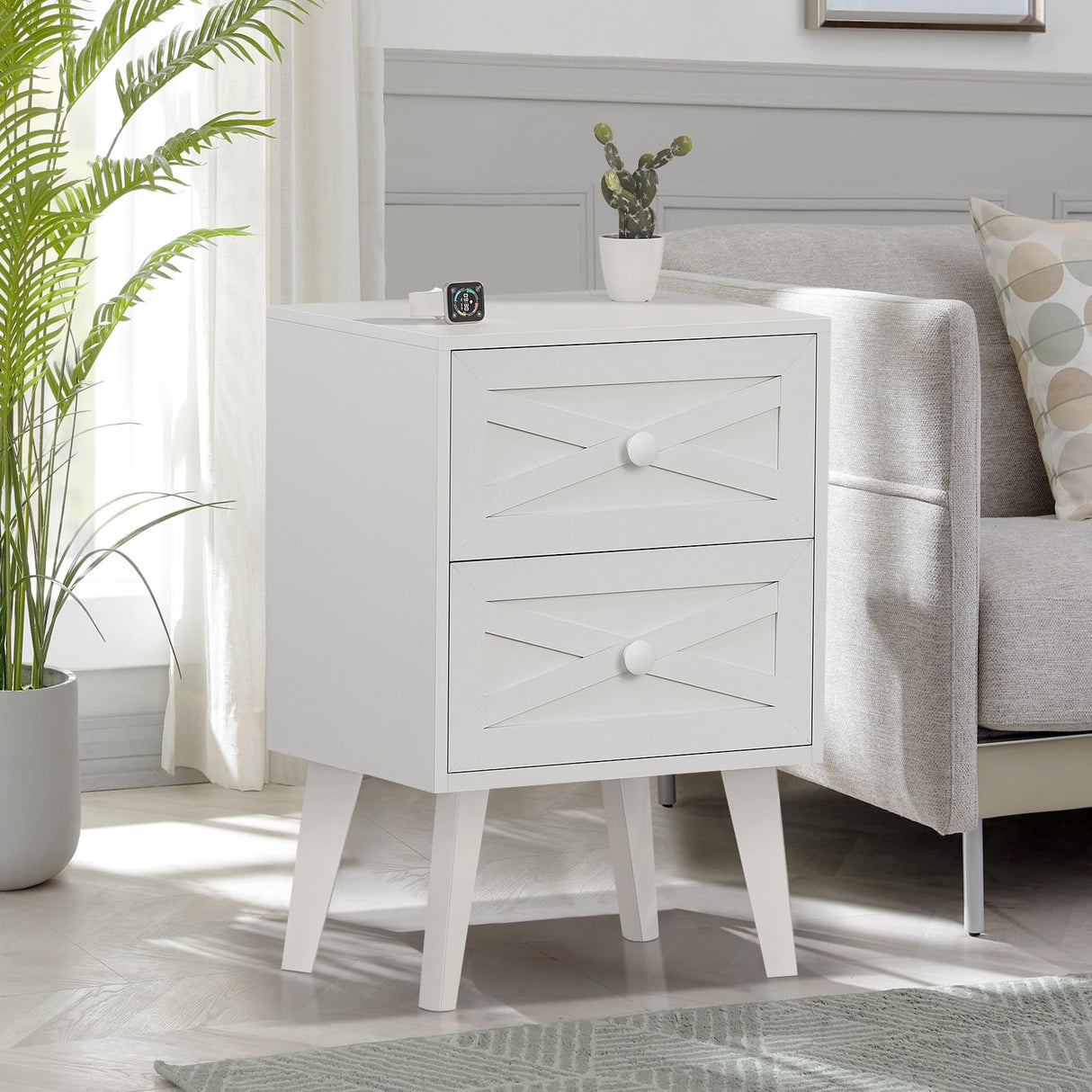 Nightstand Set of 2, White End Table with 2 Drawers Barn Door Decorated