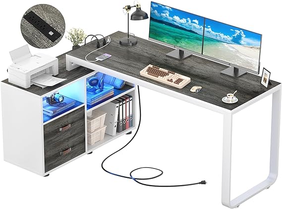 HomeEase 55-Inch L-Shaped Desk with File Cabinet, Power Outlet & Reversible Design