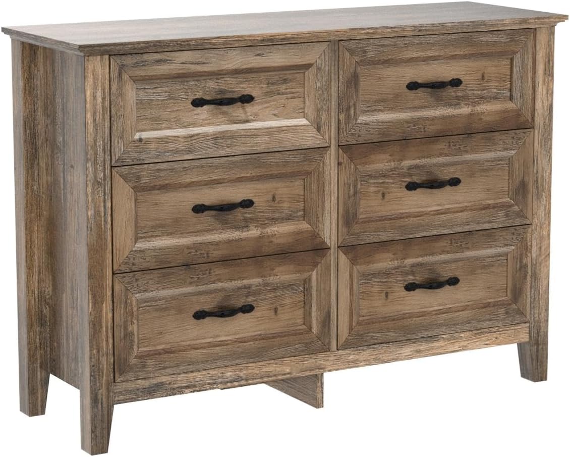 Dresser for Bedroom, Long Dresser with 6 Drawers, Wood Chest of Drawers with Metal