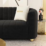 Modern Black Velvet Couch for Living Room, 83.46" Curved Black Sofa with Gold Metal