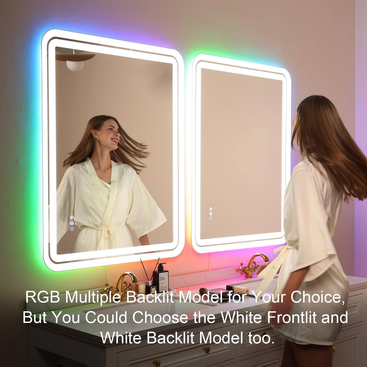 32x40'' LED Bathroom Mirror for Wall, Rounded Lighted Bathroom Mirror RGB Backlit and Frontlit