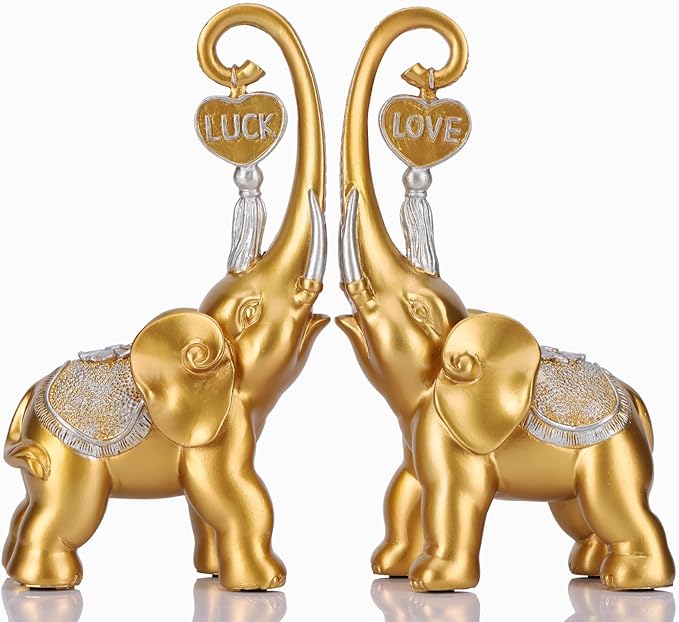 Gold Elephant Statue 2 Piece Set, Love Elephant Sculpture, Gold Figurine Home Decor