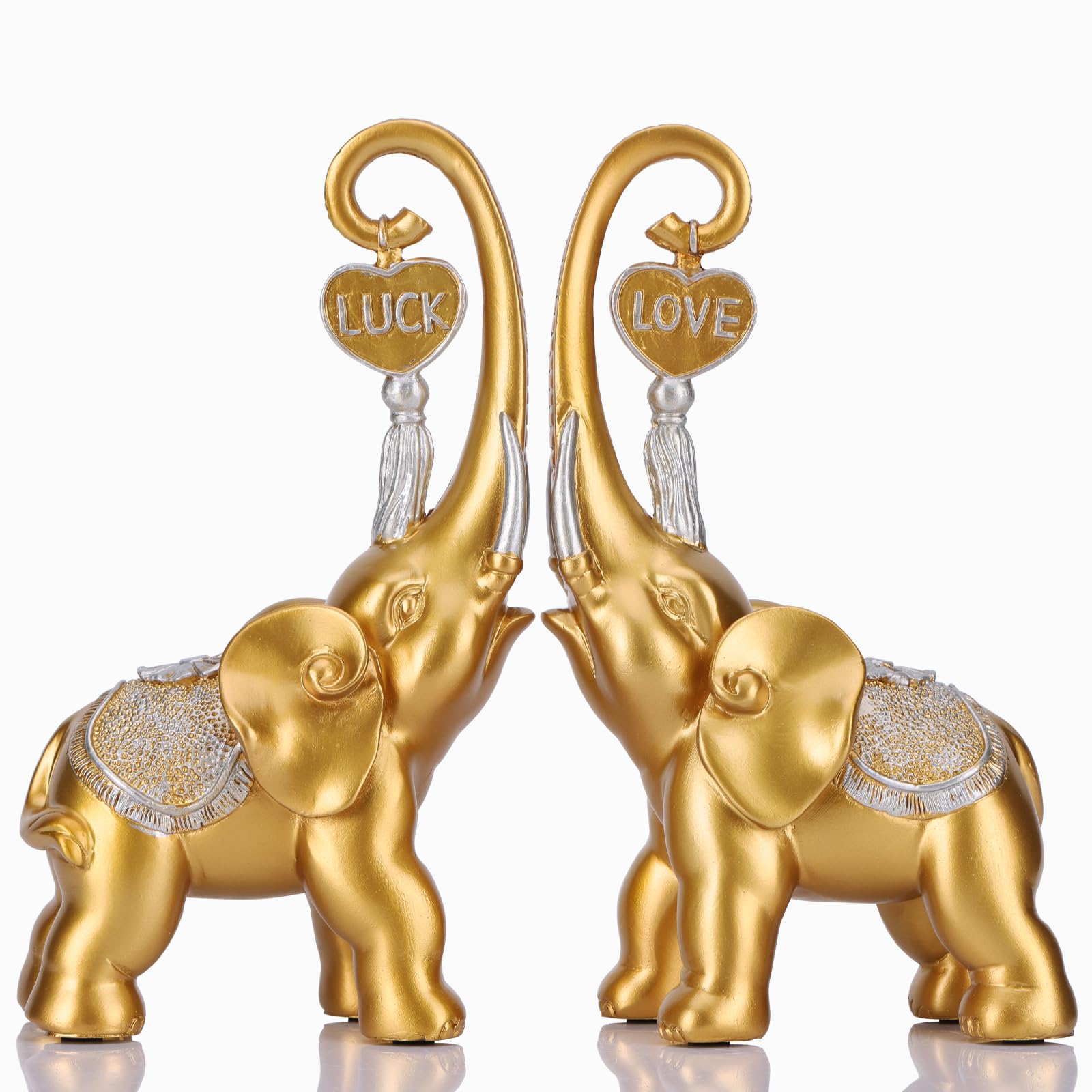 Gold Elephant Statue 2 Piece Set, Love Elephant Sculpture, Gold Figurine Home Decor