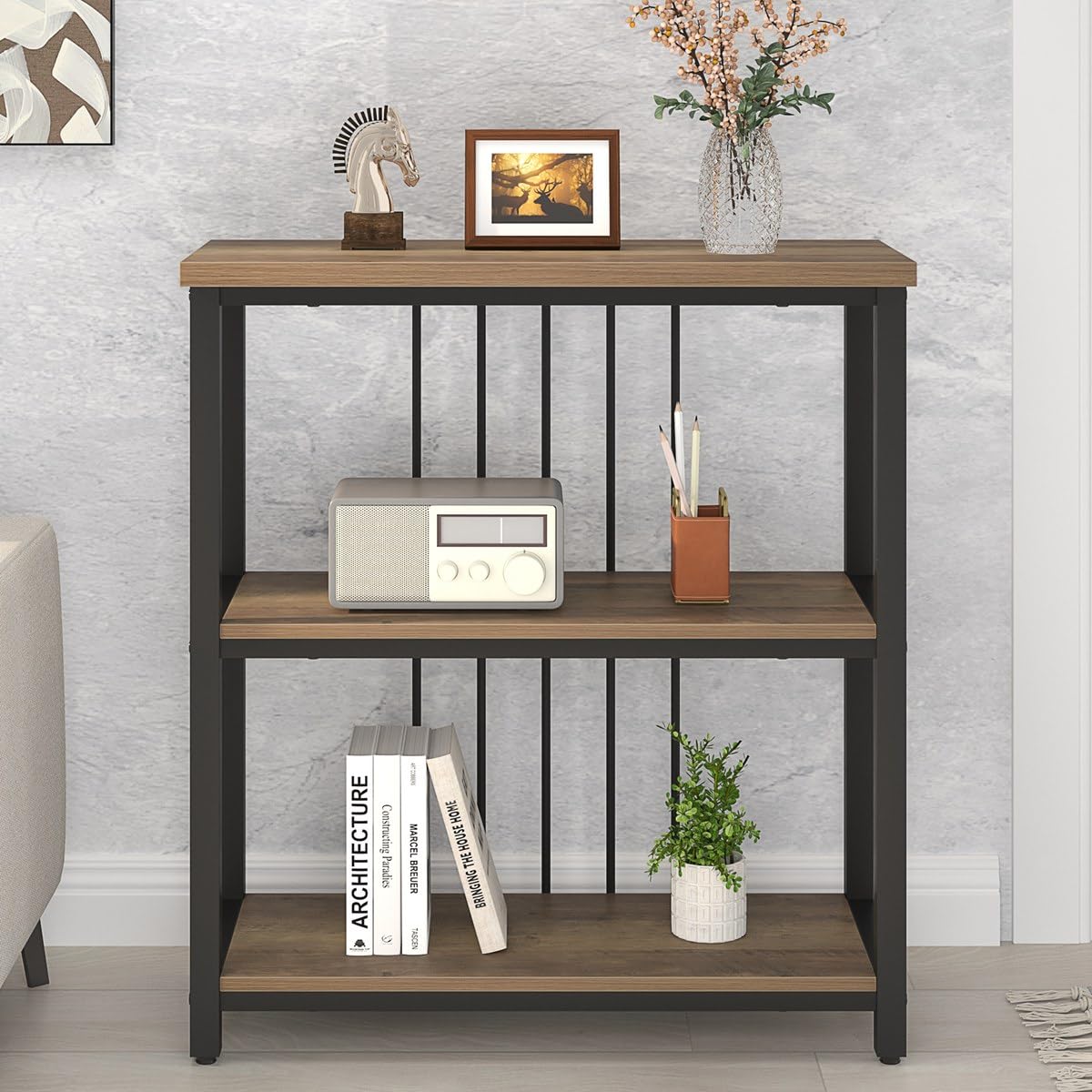 Small Bookshelf and Bookcase, 3 Tier Open Book Shelf, Modern Metal and Wood Shelving