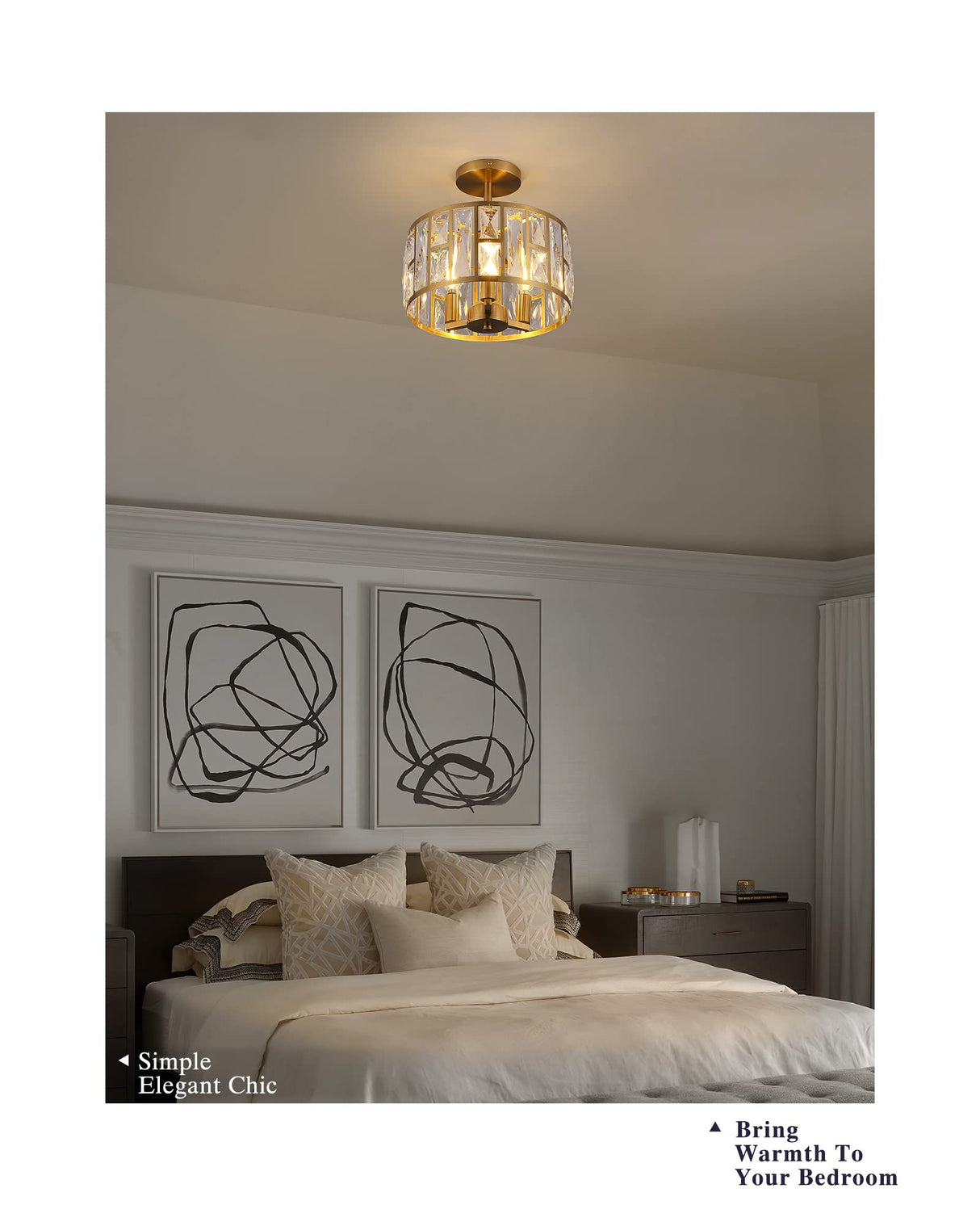 Mount Ceiling Light, 12 Inch Crystal Gold Light Fixture, 3-Light Modern Chandelier