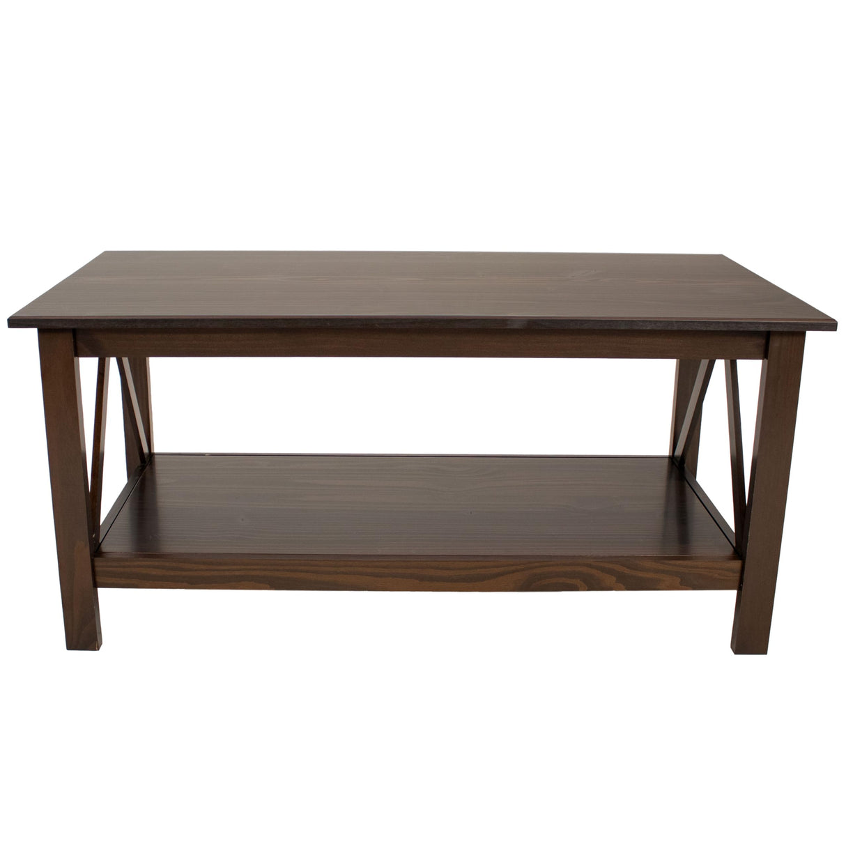 Dark Wood Coffee Table with Storage Shelf - Indoor Solid Pine Wood Center Table