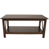 Dark Wood Coffee Table with Storage Shelf - Indoor Solid Pine Wood Center Table