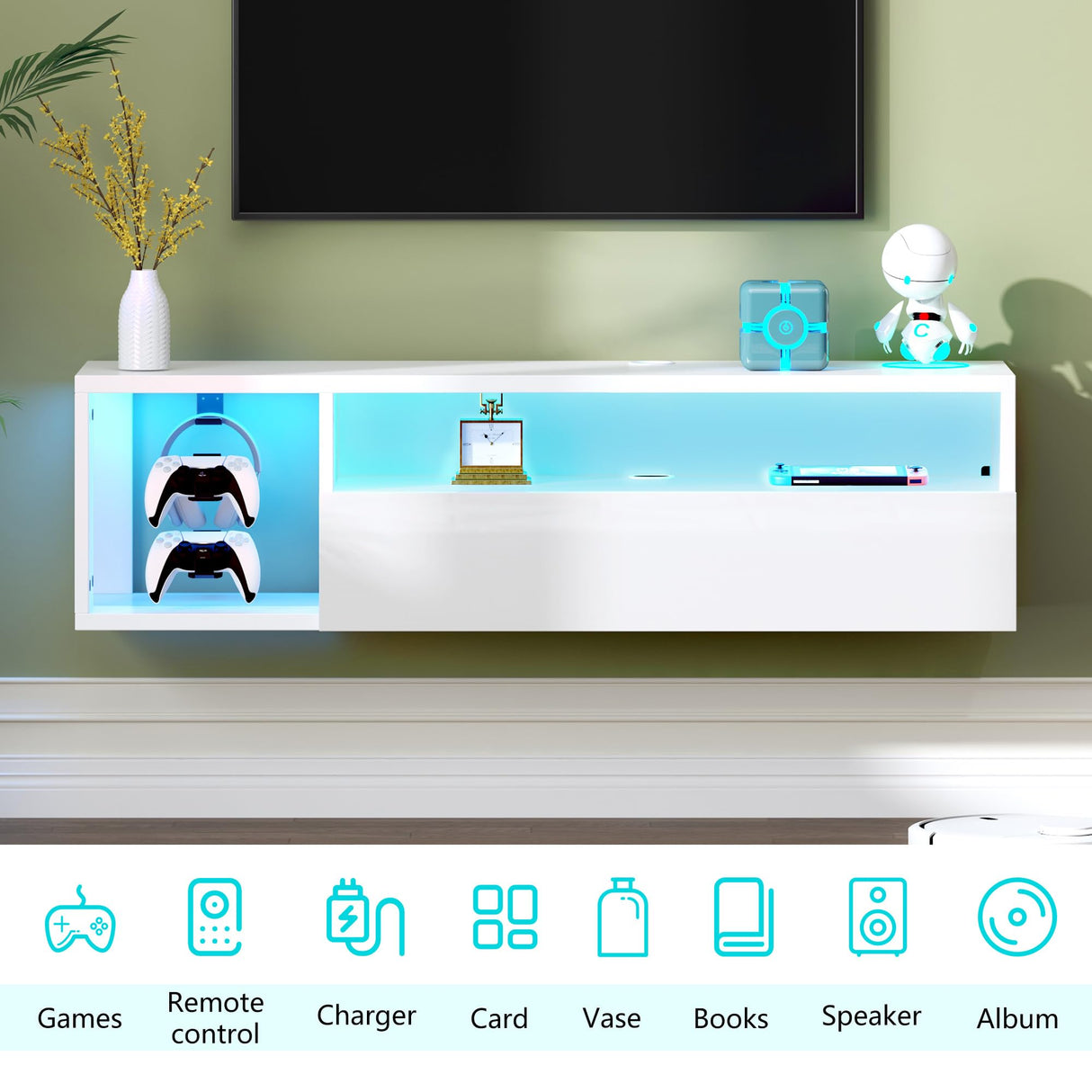 Floating TV Stand with LED Light, 39.3’’ Wall-Mounted Media Console