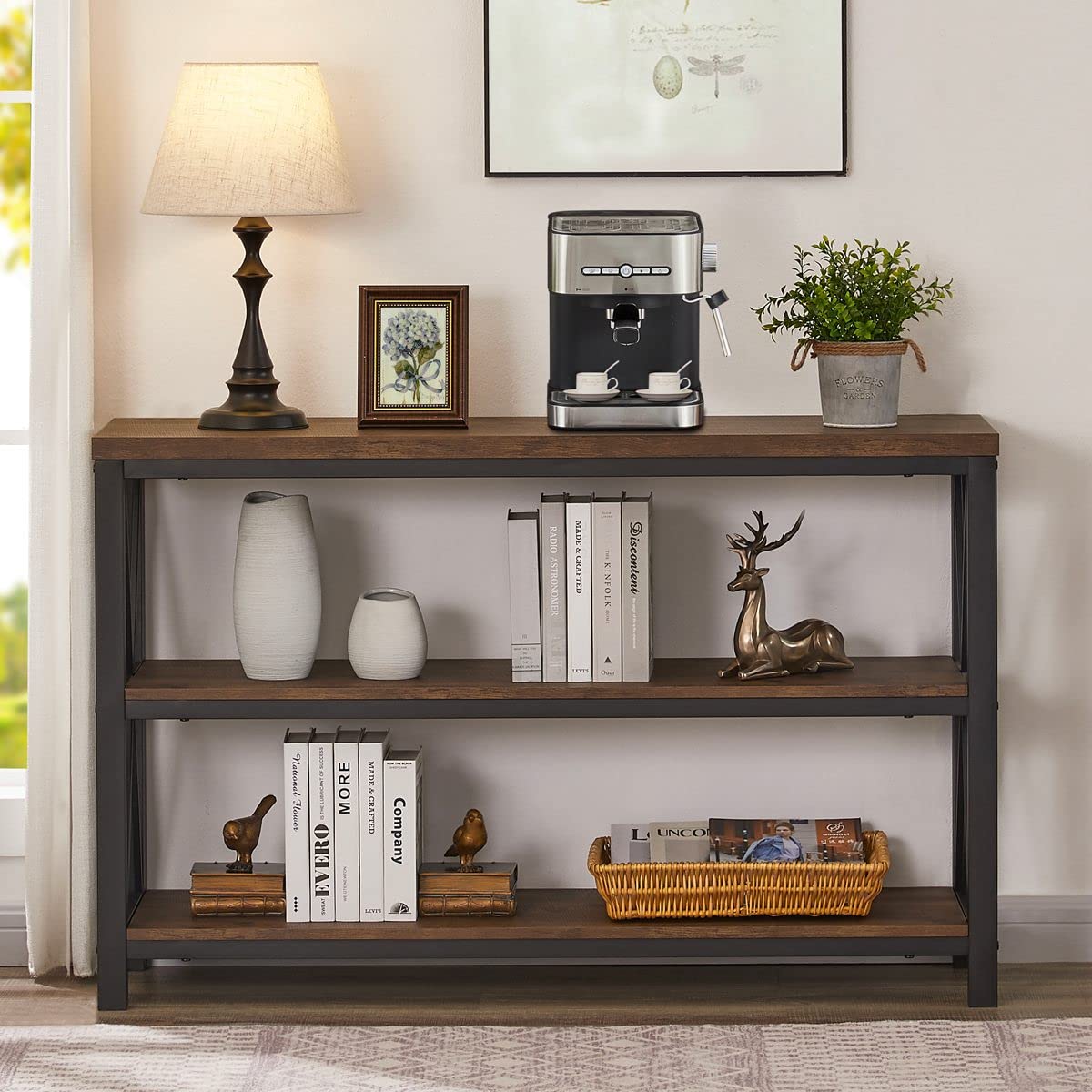 Rustic Console Table Behind Couch, Industrial Entryway Table with Shelves,