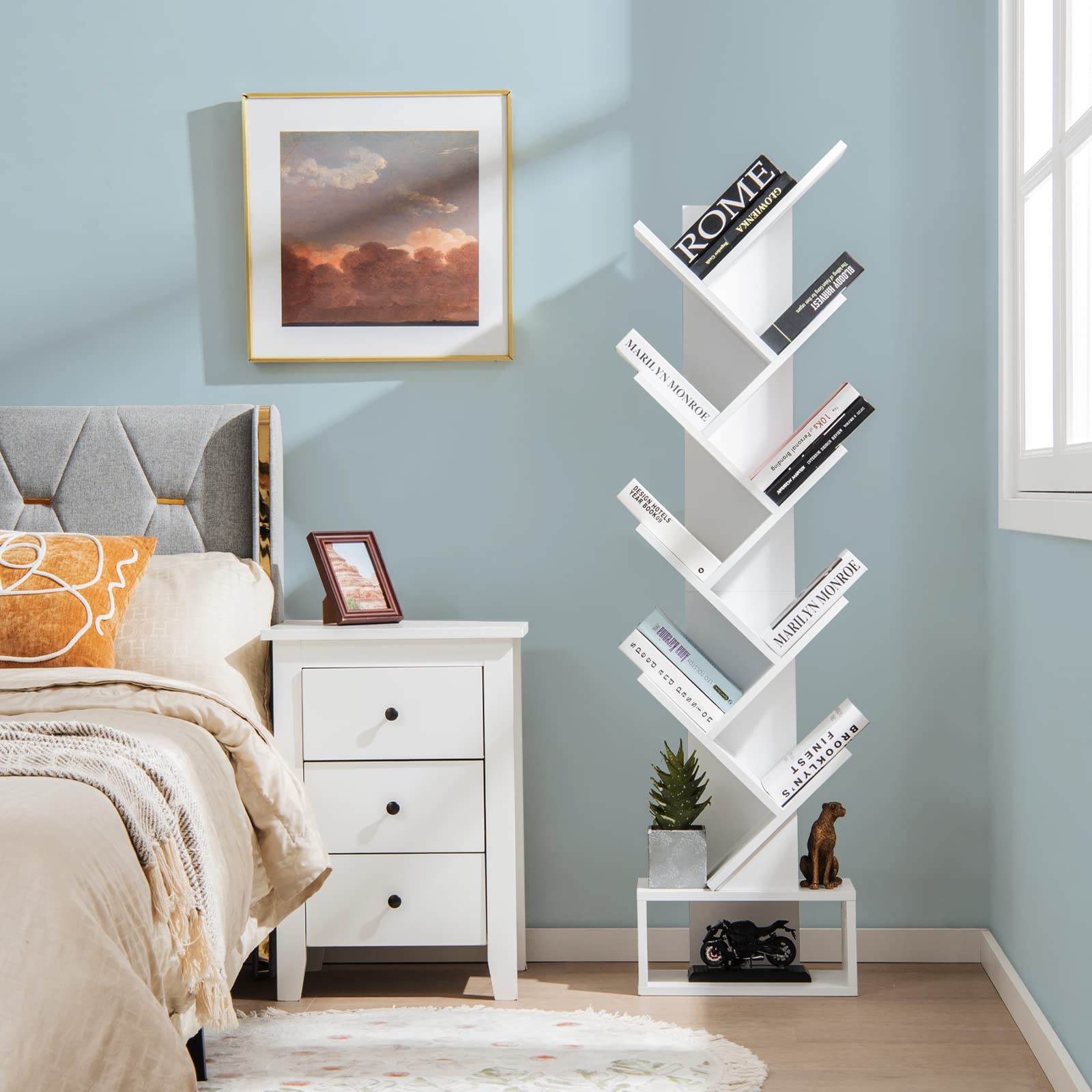 Tangkula 10 Tier Tree Bookshelf with Drawer, Floor Standing Storage Rack for CDs, Movies & Books, Display Utility Shelves for Bedroom, Living Room & Home Office (White, 10 Tier)