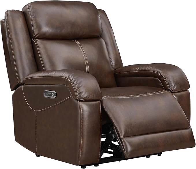 Genuine Leather Power Recliner Chairs for Adults, Wall Hugger RV Recliner with Power Headrest & Charging Ports, Electric Recliner Sofa Chair for Living Room, Saddle Brown