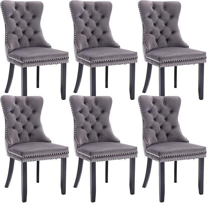 Tufted Dining Chairs Set of 4, Velvet Upholstered Dining Chairs with Nailhead Back and Ring Pull Trim