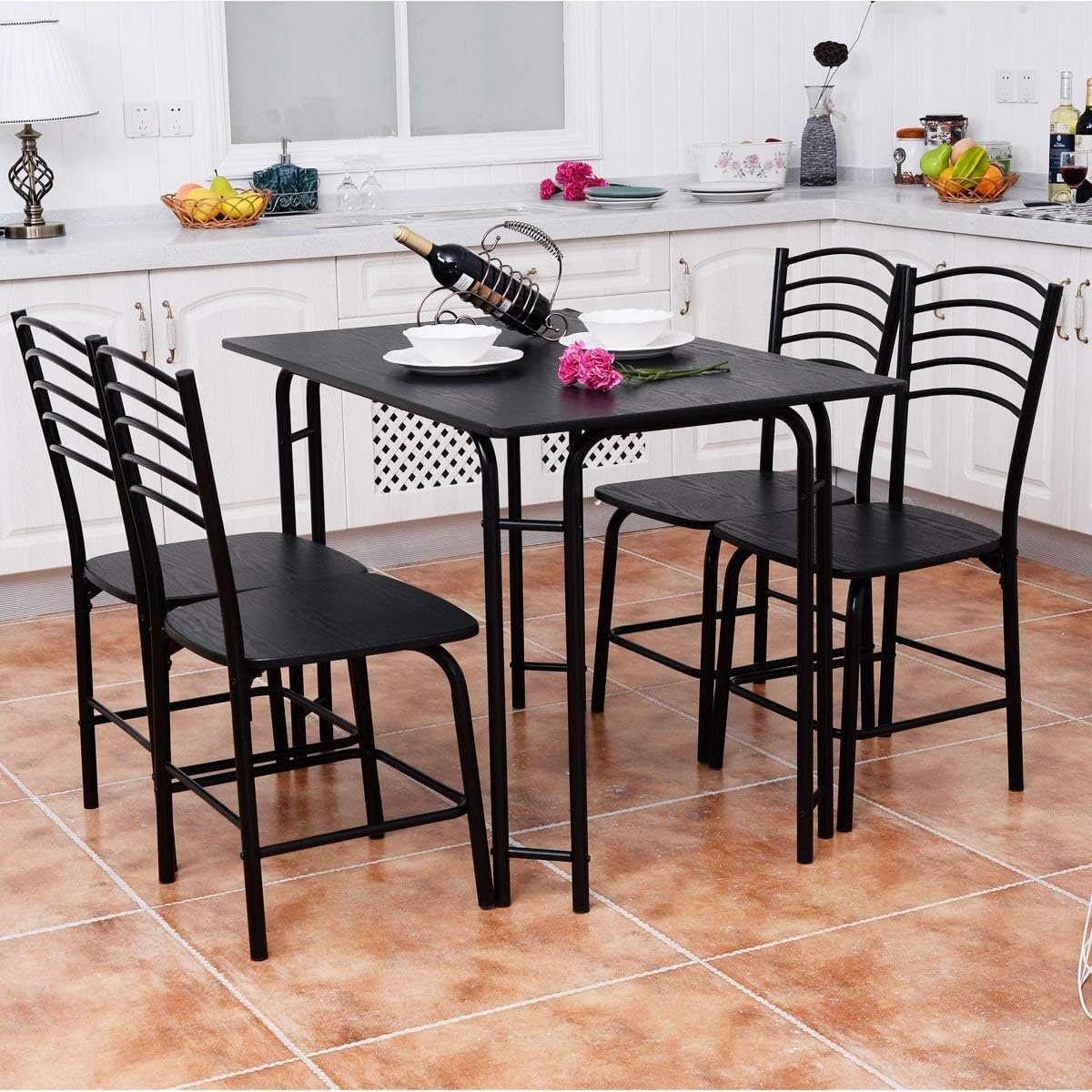 Giantex 5 PCS Dining Table Set 4 Person, Modern Kitchen Table and 4 Chairs, Wooden Top and Metal Legs, Home Dining Room Breakfast Furniture Rectangular Table, Black